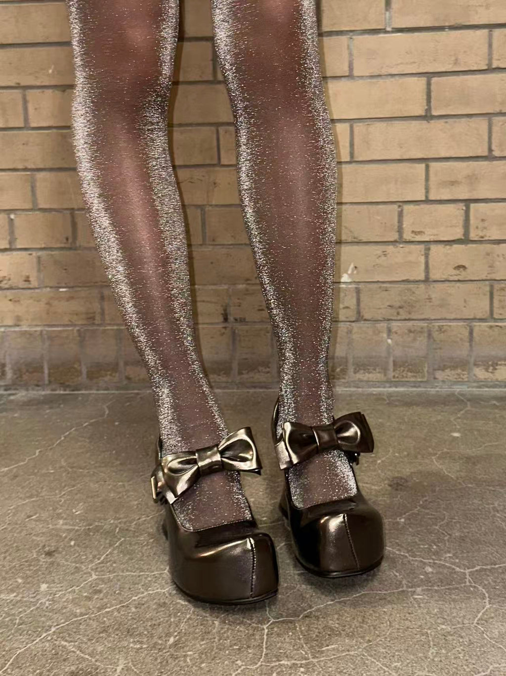 UBORYA Metallic Taupe Dark Academia Mary Jane Platform Heels, Oversized Bow & Buckle Square Toe