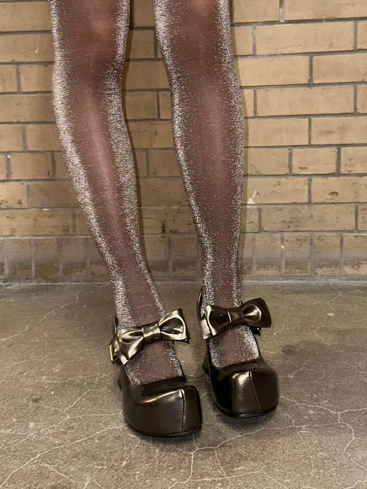 UBORYA Metallic Taupe Dark Academia Mary Jane Platform Heels, Oversized Bow & Buckle Square Toe