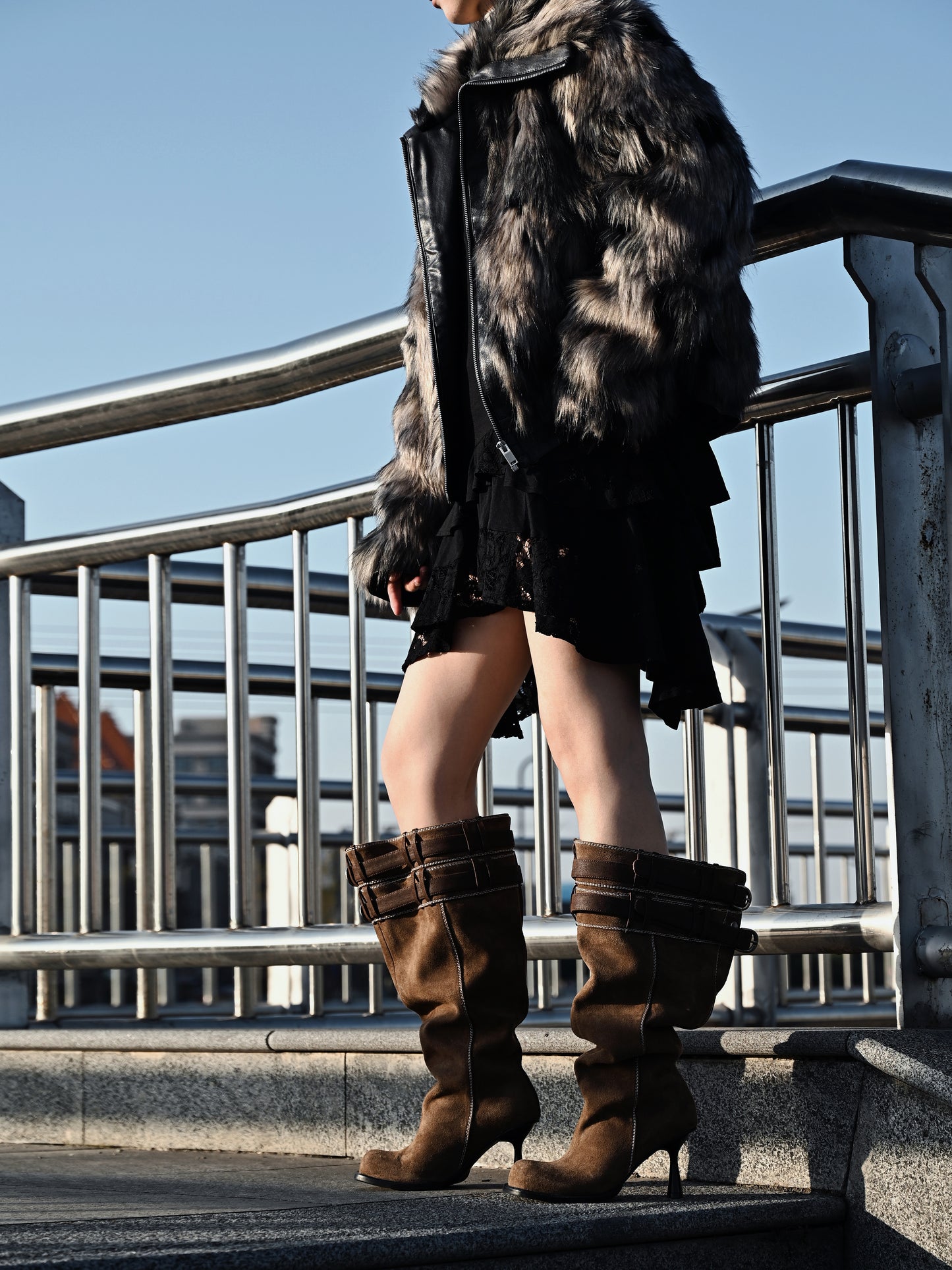 UBORYA Brown Suede Slouchy Knee-High Boots with Folded Buckle Cuff – Sculptural Kitten Heel Boots for Women | Contrast Stitch | Western Utility Harness Booties