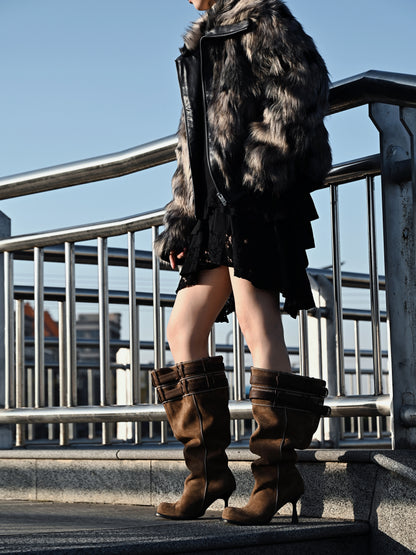 UBORYA Brown Suede Slouchy Knee-High Boots with Folded Buckle Cuff – Sculptural Kitten Heel Boots for Women | Contrast Stitch | Western Utility Harness Booties