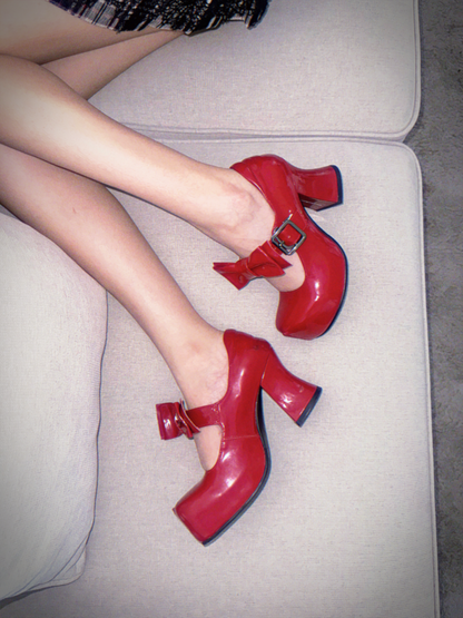 UBORYA Red Patent Leather Mary Jane Platform Heels – Sweet & Bold Chunky Heel Shoes for Women | 8cm / 3.15in Block Heel | Oversized Bow & Buckle Detail | Round Toe Pumps
