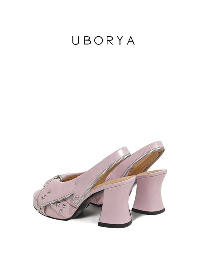 UBORYA Pink Metallic Platform Slingback Heels - Peep Toe Star Stud Zipper Detail Sculptural Heel Sandals