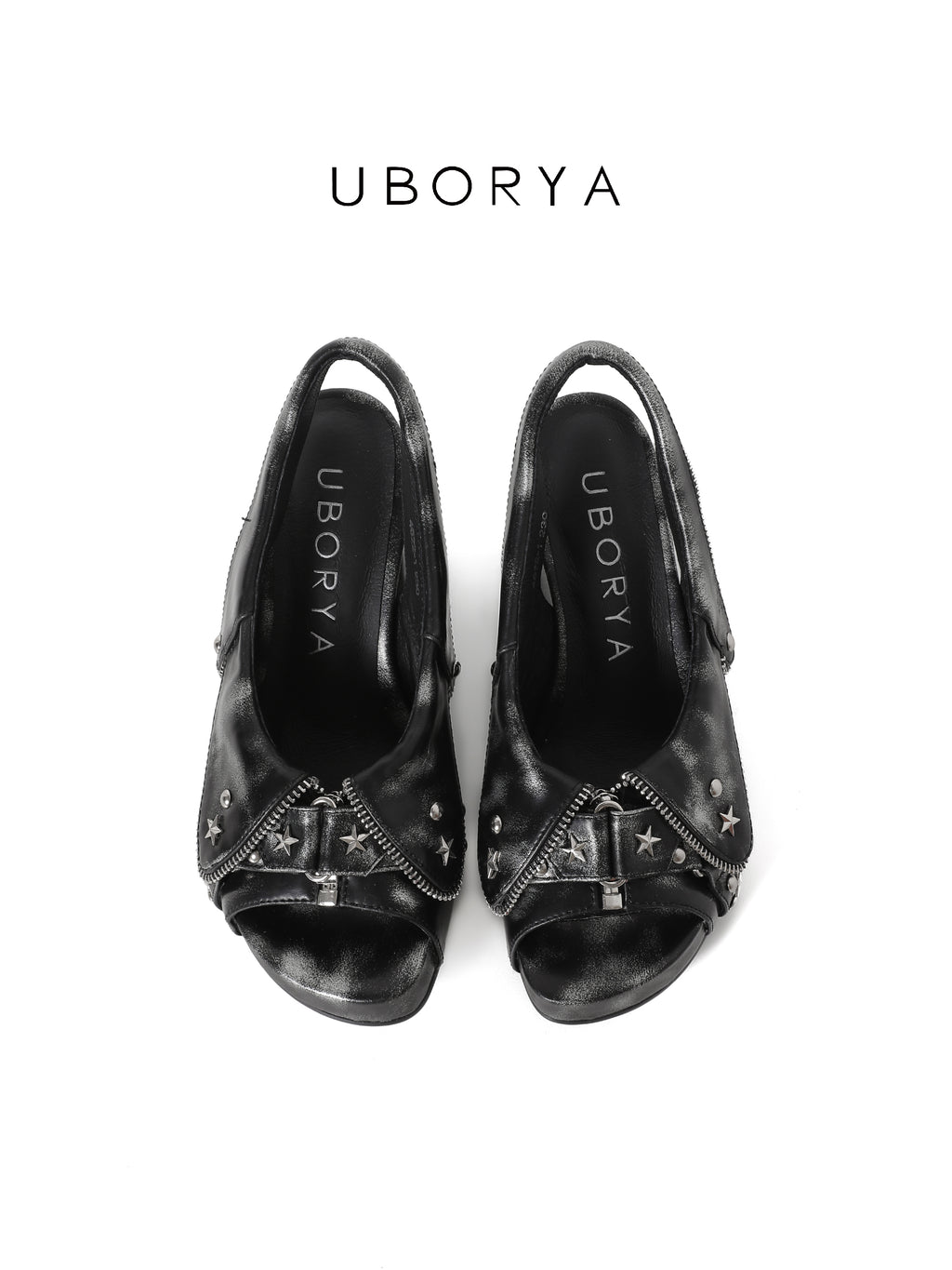 UBORYA Distressed Black Platform Slingback Heels with Star Studs
