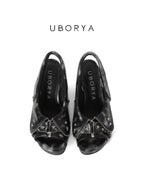 UBORYA Distressed Black Platform Slingback Heels with Star Studs
