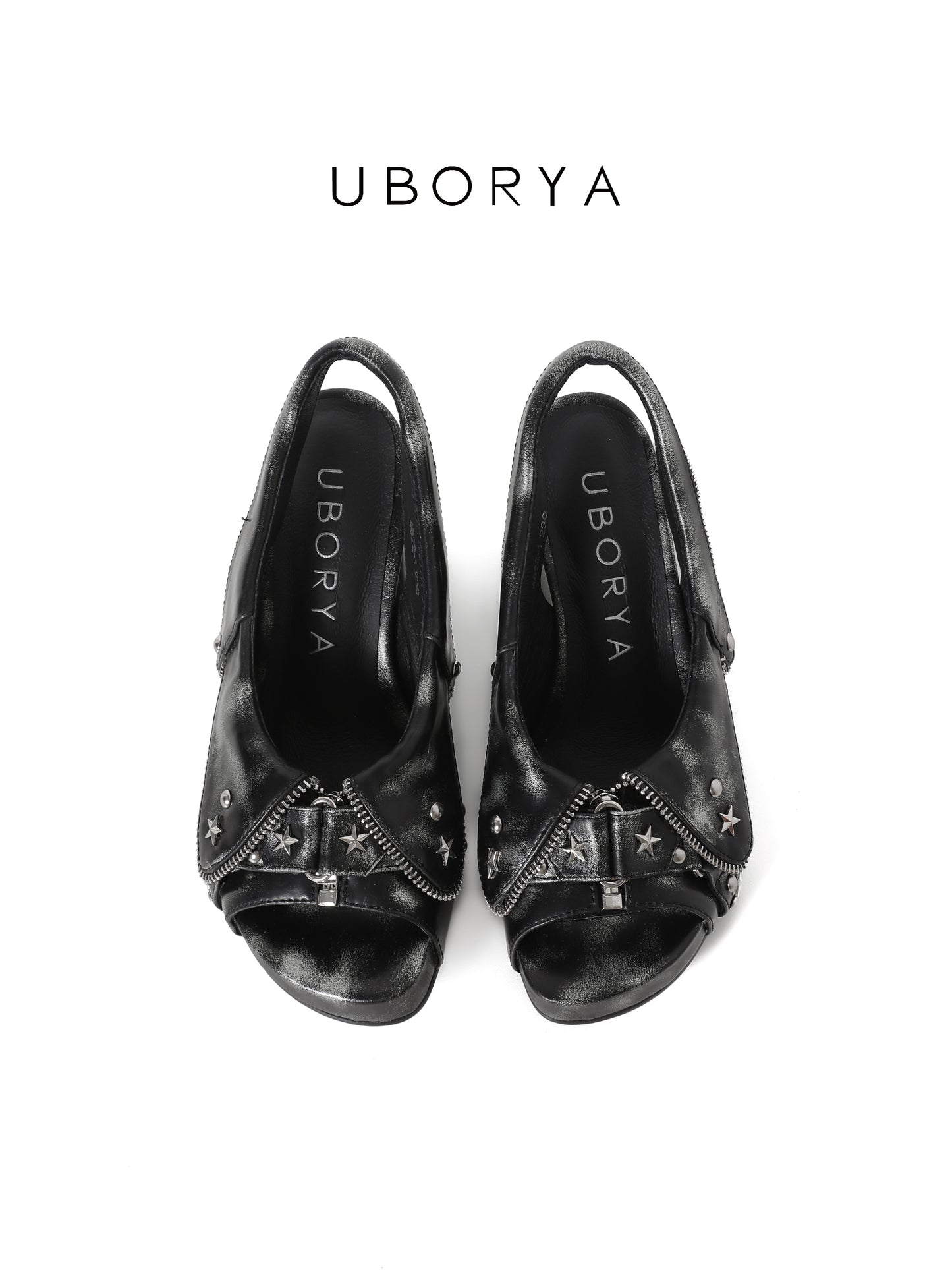 UBORYA Distressed Black Platform Slingback Heels - Peep Toe Star Stud Zipper Detail Sculptural Heel Sandals