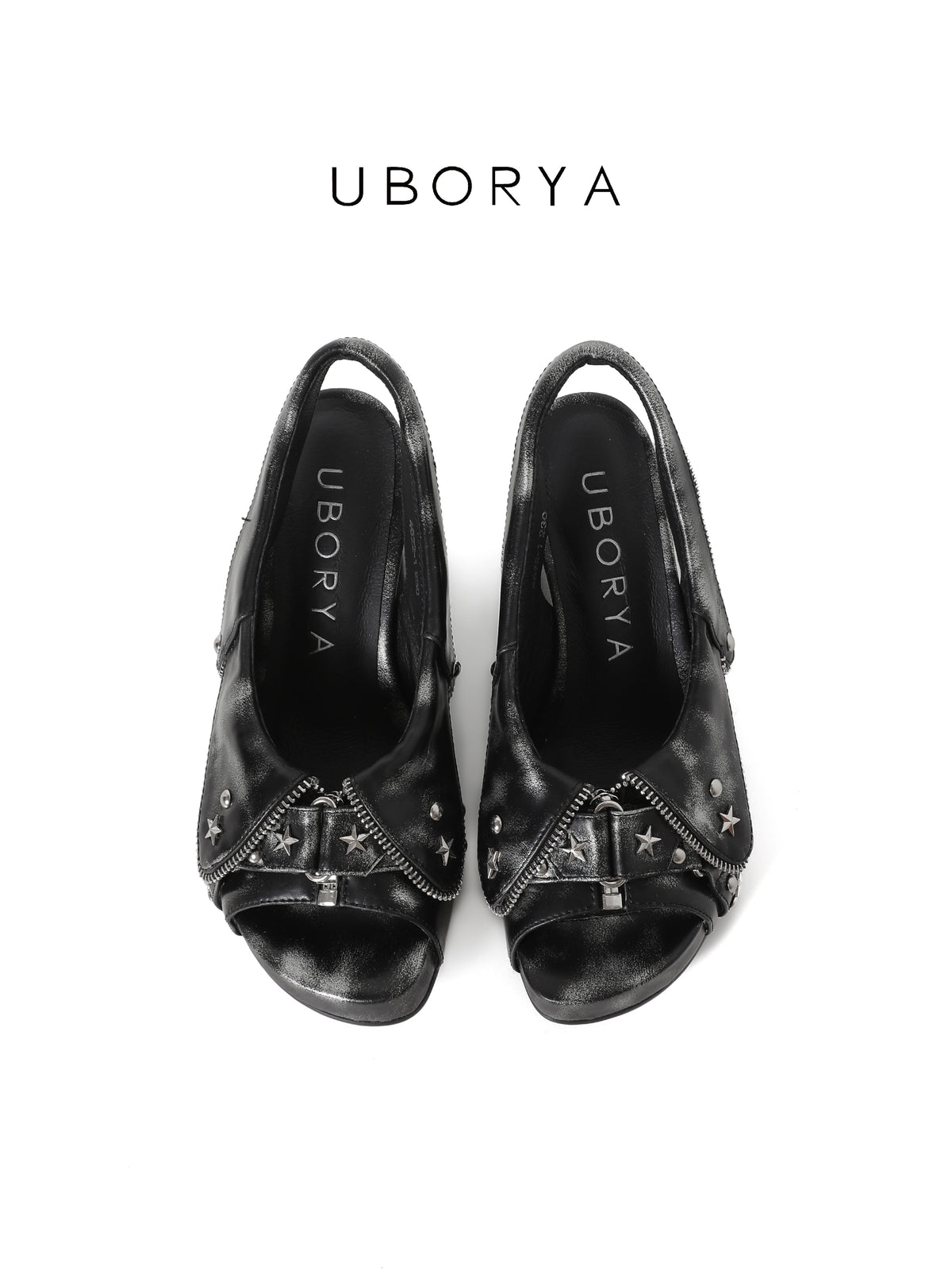 UBORYA Distressed Black Platform Slingback Heels with Star Studs