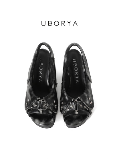 UBORYA Distressed Black Platform Slingback Heels - Peep Toe Star Stud Zipper Detail Sculptural Heel Sandals