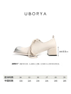 UBORYA Off White Leather Lace Up Oxfords Silver Toe Cap Block Heel Shoes