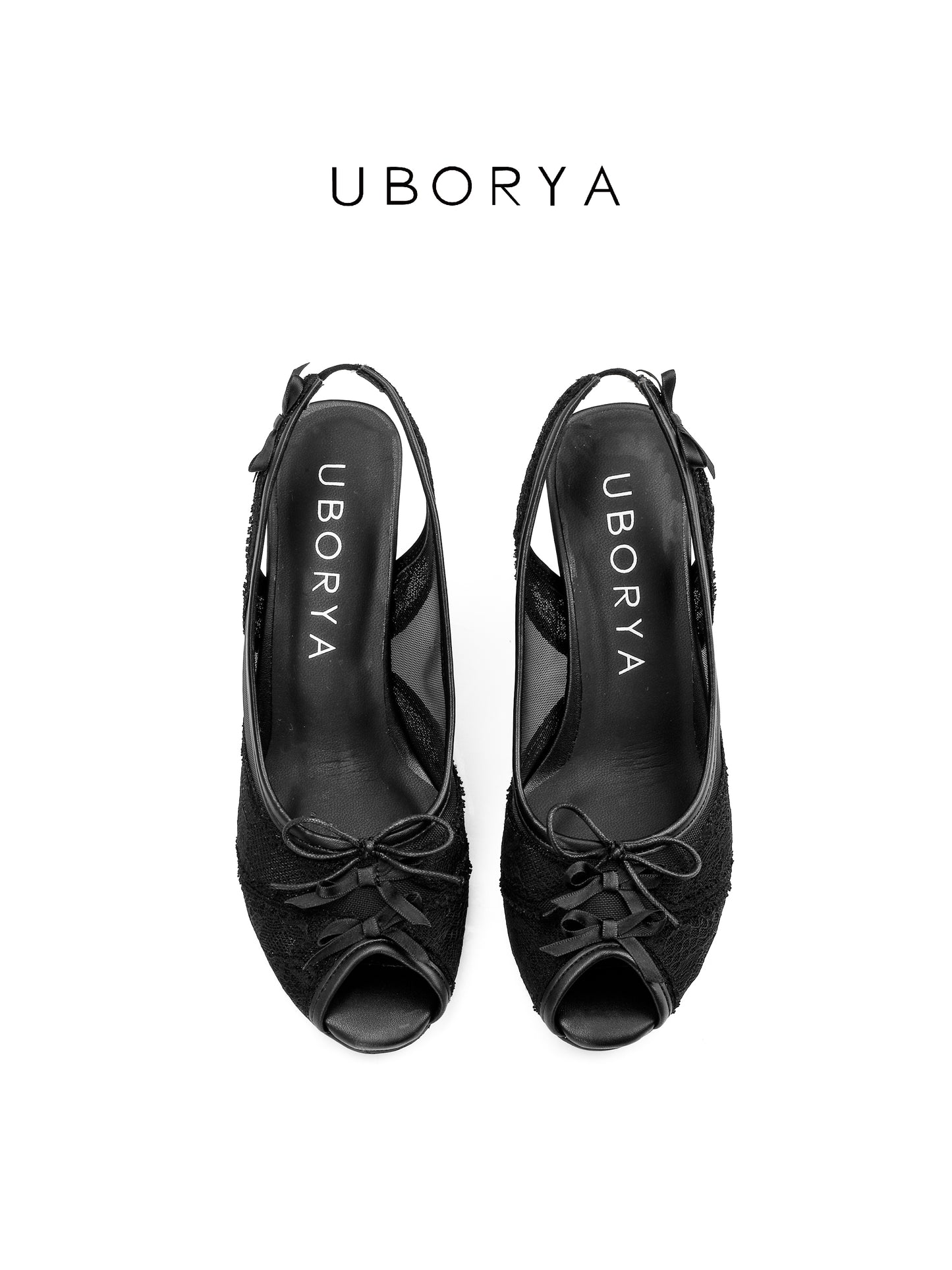 UBORYA Black Lace Slingback Peep-Toe Shoes with Bow Details – Low Wedge Heel Pumps for Women | Gothic Coquette Heels | Elegant Mesh Open-Toe Sandals