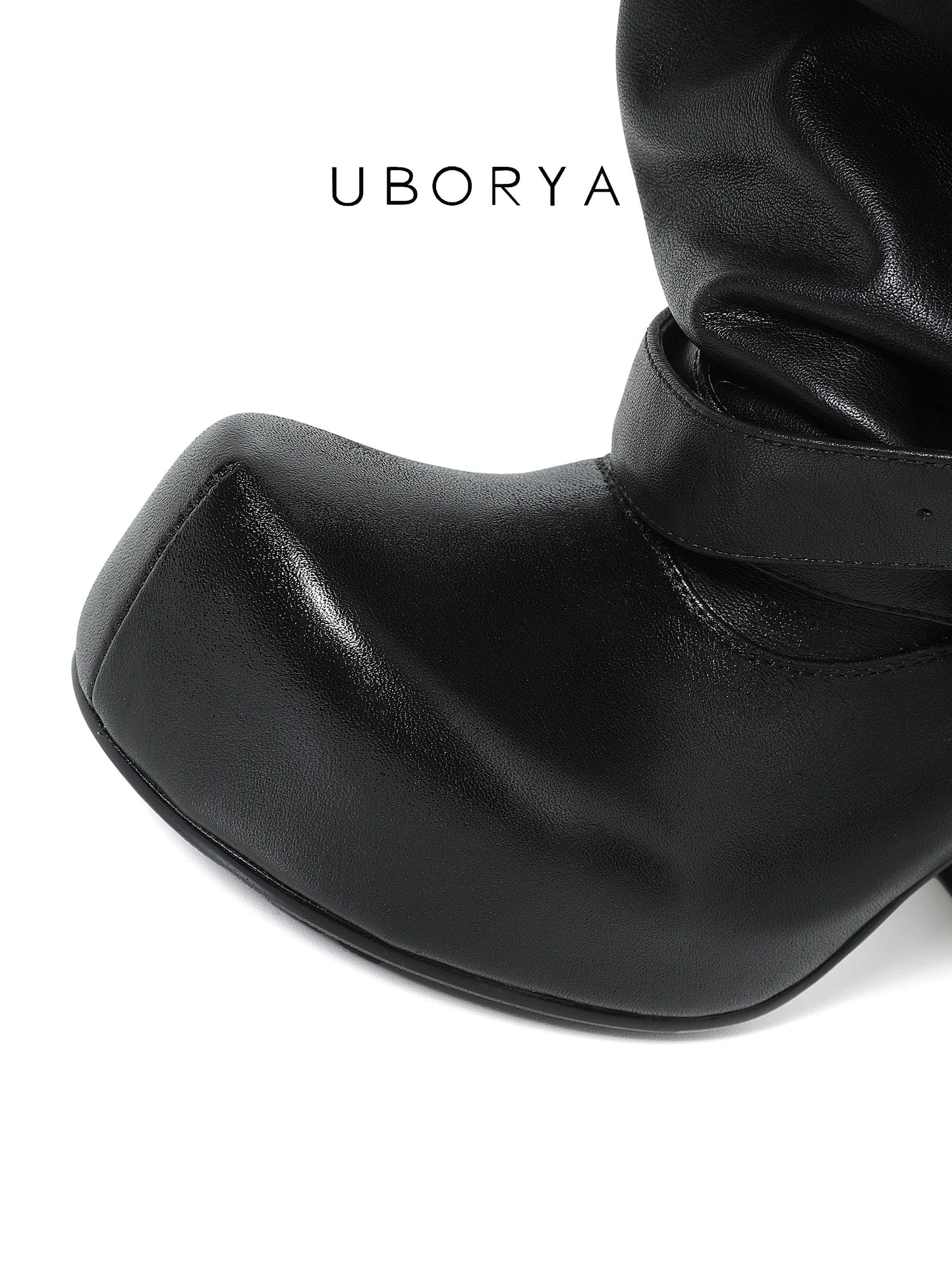 UBORYA Black Slouchy Ankle Boots with Buckle Straps – Sculptural Chunky Heel Platform Boots for Women | Square Toe | Ruched Shaft | Punk Avant-Garde Booties