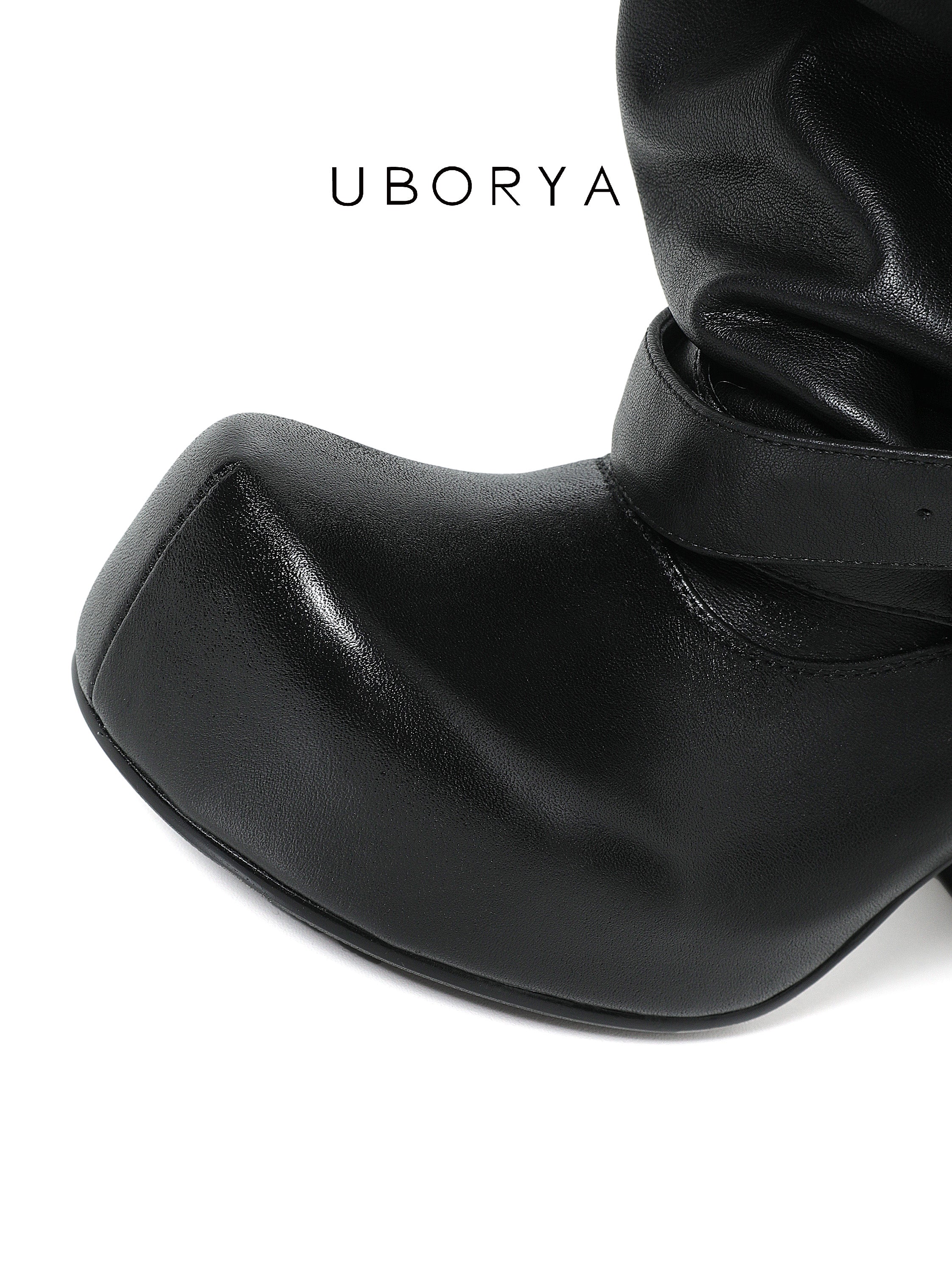 UBORYA Black Slouchy Platform Ankle Boots with Buckle Straps