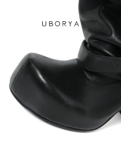 UBORYA Black Slouchy Ankle Boots with Buckle Straps – Sculptural Chunky Heel Platform Boots for Women | Square Toe | Ruched Shaft | Punk Avant-Garde Booties