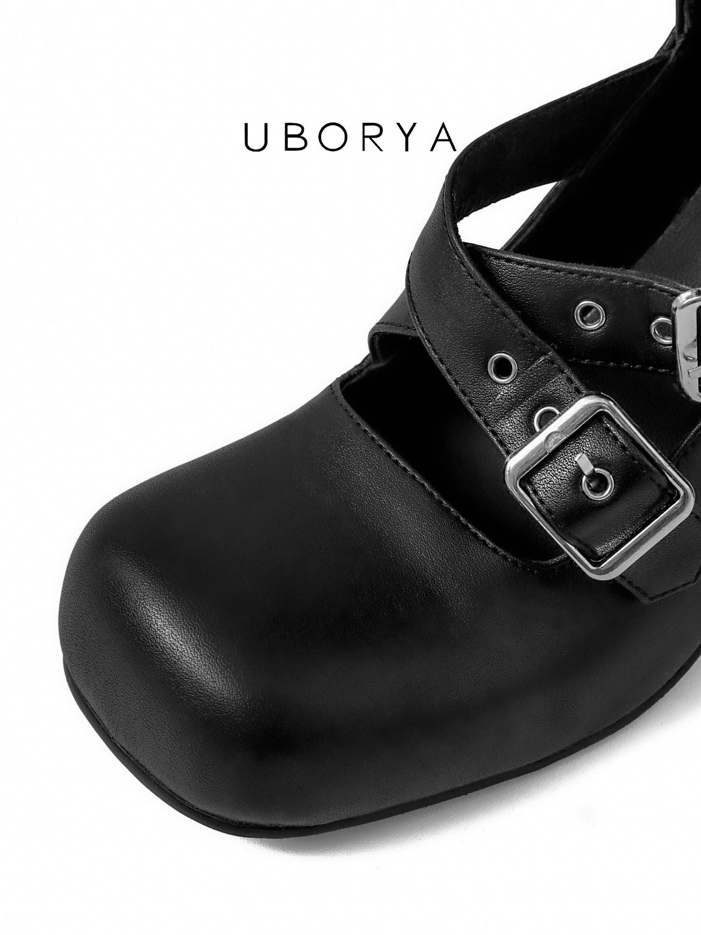 UBORYA Black Knee-High Buckle Boots with Sculpted Stiletto Heel – Multi-Strap Round Toe Boots for Women | Gothic Glam Punk Luxury Footwear | Avant-Garde Heeled Boots