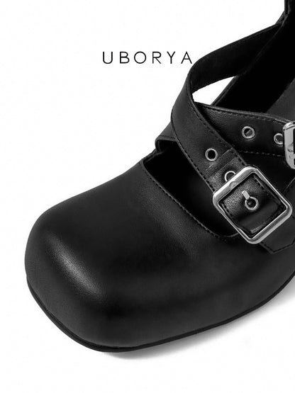 UBORYA Black Knee-High Buckle Boots with Sculpted Stiletto Heel – Multi-Strap Round Toe Boots for Women | Gothic Glam Punk Luxury Footwear | Avant-Garde Heeled Boots