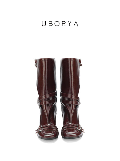 UBORYA Burgundy Crinkled Leather Mid-Calf Boots with Multi-Strap Hardware – Kitten Heel Boots for Women | Square Toe | Equestrian Punk Booties
