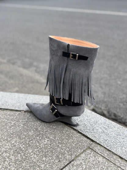 UBORYA Grey Blue Suede Fringe Mid-Calf Boots with Buckle Straps – Sculptural Wedge Heel Boots for Women | Pointed Toe | Western Avant-Garde Booties