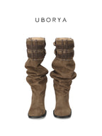 UBORYA Brown Suede Slouchy Knee-High Boots with Buckle Cuff