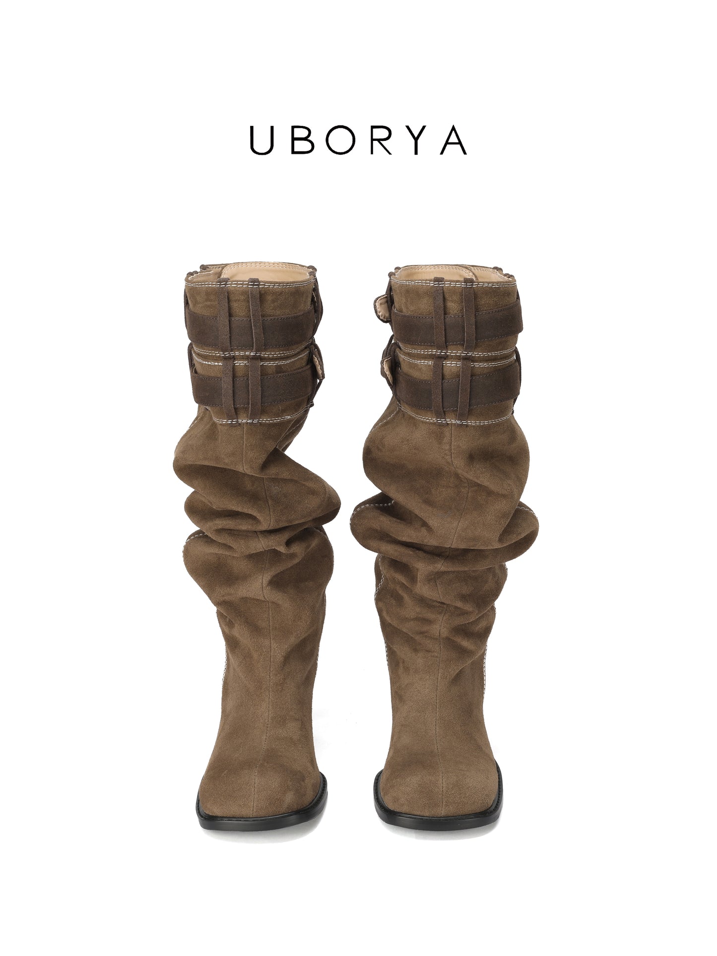 UBORYA Brown Suede Slouchy Knee-High Boots with Folded Buckle Cuff – Sculptural Kitten Heel Boots for Women | Contrast Stitch | Western Utility Harness Booties