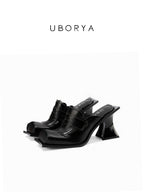 UBORYA Black Sculptural Avant‑Garde Mules 8cm Geometric Block Heel