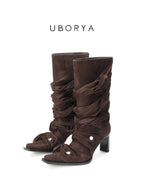 UBORYA Brown Suede Ruched Mid Calf Boots 7cm Block Heel Knot Detail