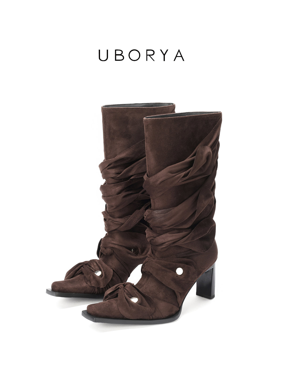 UBORYA Brown Suede Ruched Mid Calf Boots 7cm Block Heel Knot Detail
