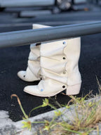 UBORYA Off White Sculptural Slouch Boots 6cm Block Heel Metal Eyelets Faux Leather
