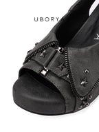 UBORYA Charcoal Grey Distressed Platform Slingback Heels with Star Studs