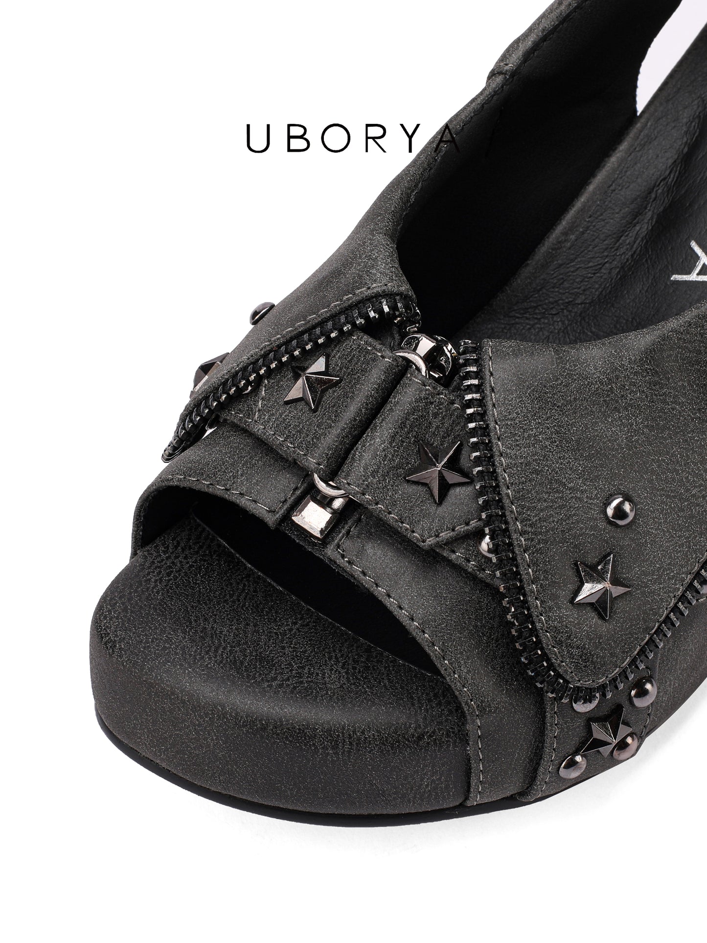 UBORYA Charcoal Grey Distressed Platform Slingback Heels - Peep Toe Star Stud Zipper Detail Sculptural Heel Sandals