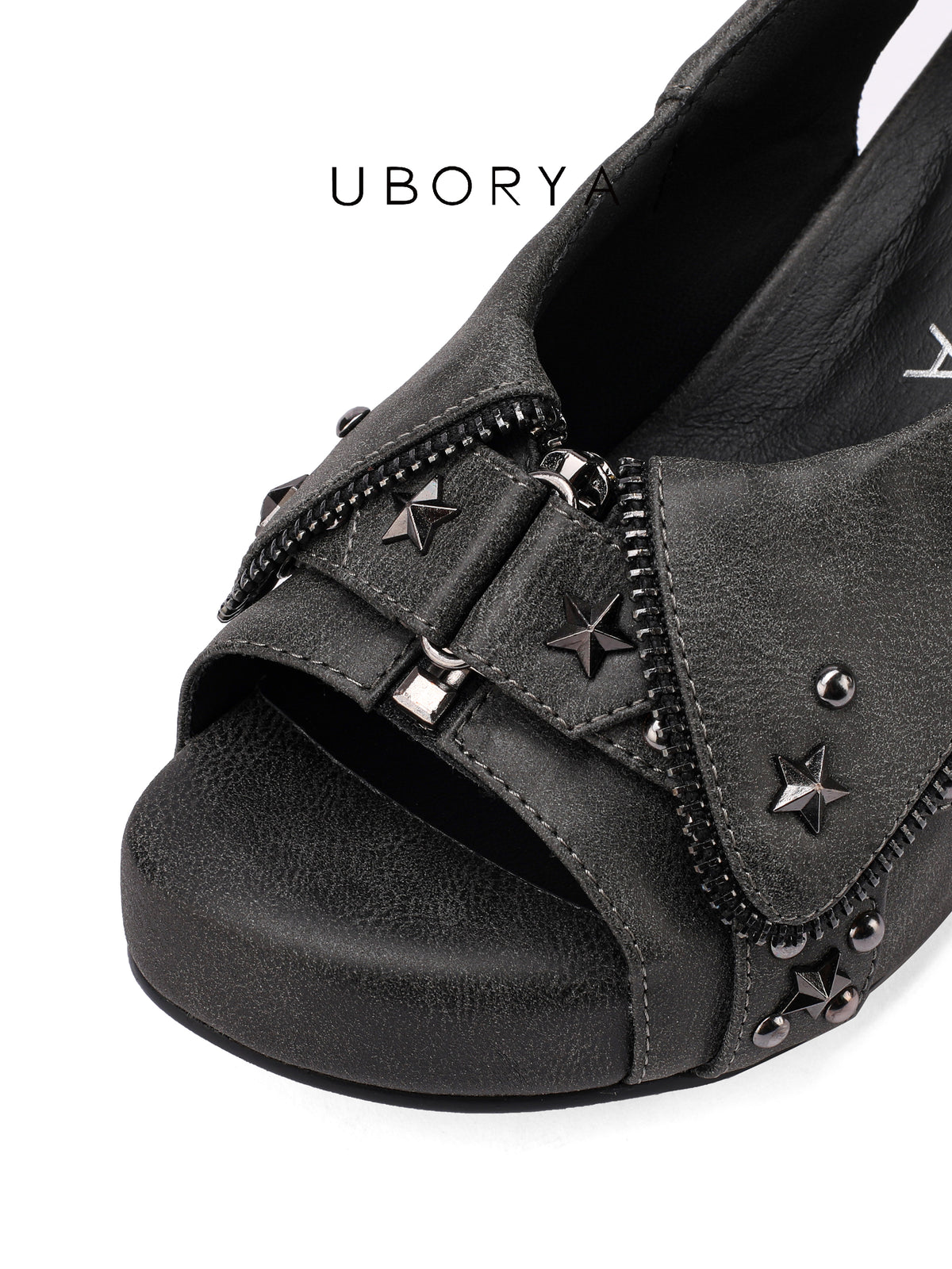 UBORYA Charcoal Grey Distressed Platform Slingback Heels with Star Studs