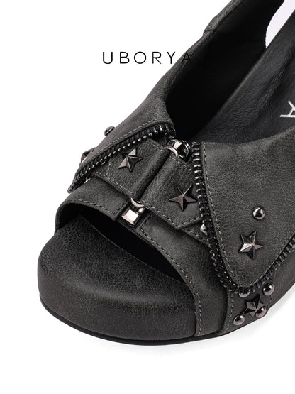 UBORYA Charcoal Grey Distressed Platform Slingback Heels - Peep Toe Star Stud Zipper Detail Sculptural Heel Sandals