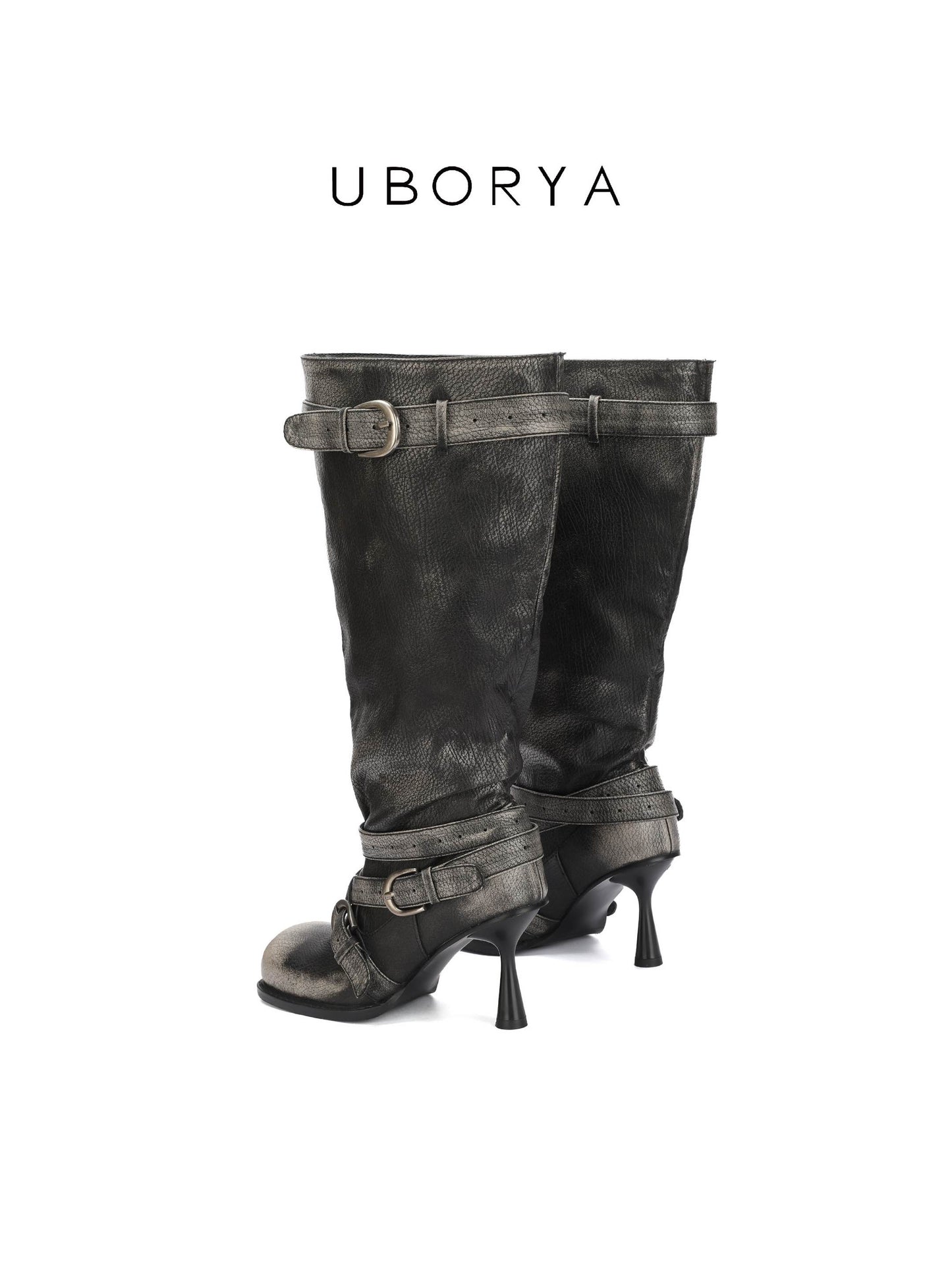 UBORYA Black Slouchy Knee-High Boots with Buckle Straps – 6.5cm Sculptural Kitten Heel Boots for Women | Square Toe | Crinkled Leather Harness Booties