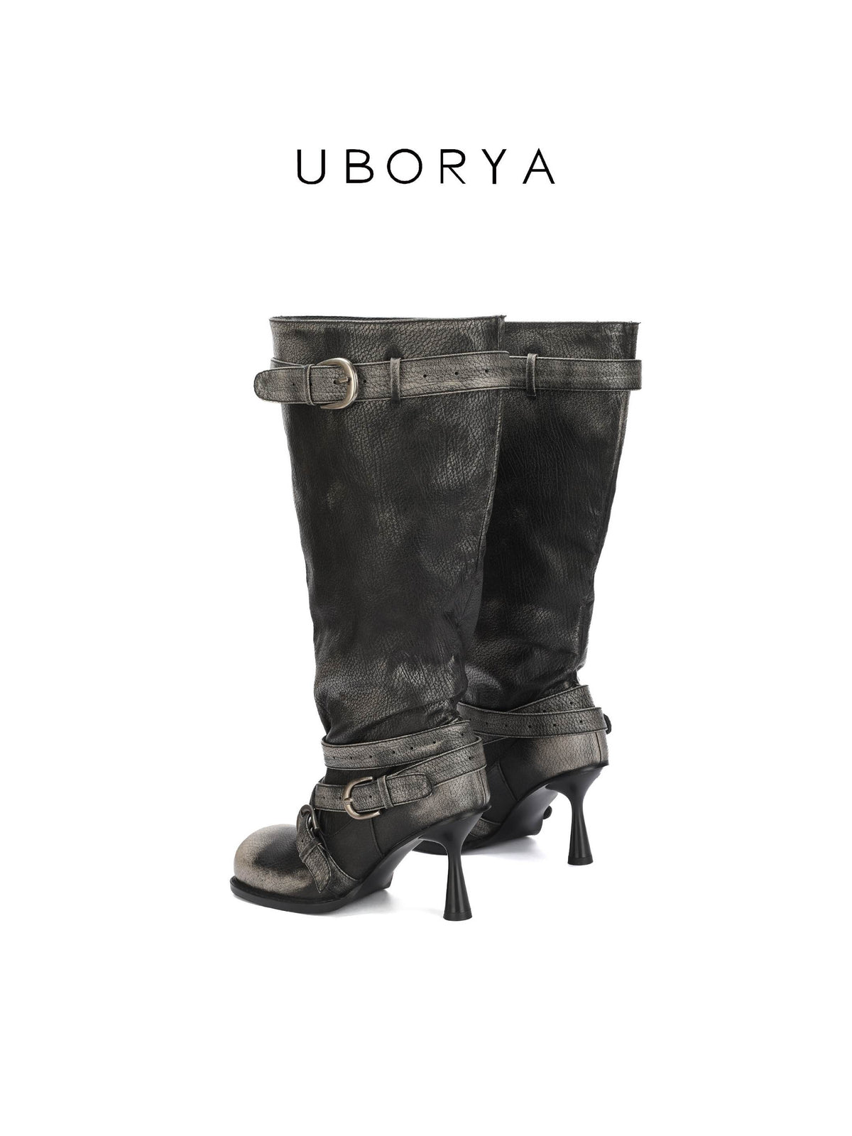UBORYA Black Slouchy Knee-High Boots with Buckle Straps and Sculptural Heel