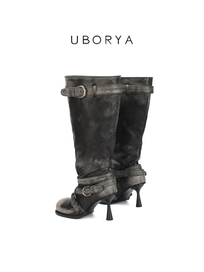 UBORYA Black Slouchy Knee-High Boots with Buckle Straps – 6.5cm Sculptural Kitten Heel Boots for Women | Square Toe | Crinkled Leather Harness Booties