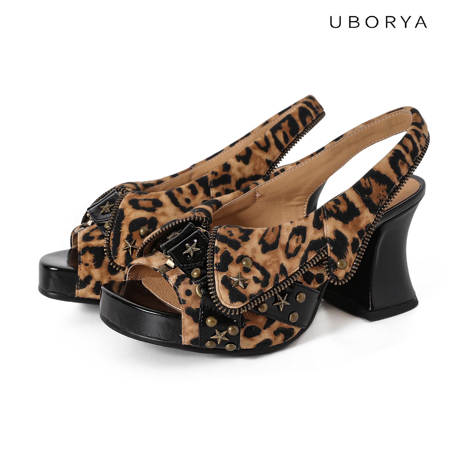 UBORYA Leopard Print Platform Slingback Heels - Peep Toe Star Stud Zipper Detail Sculptural Heel Sandals