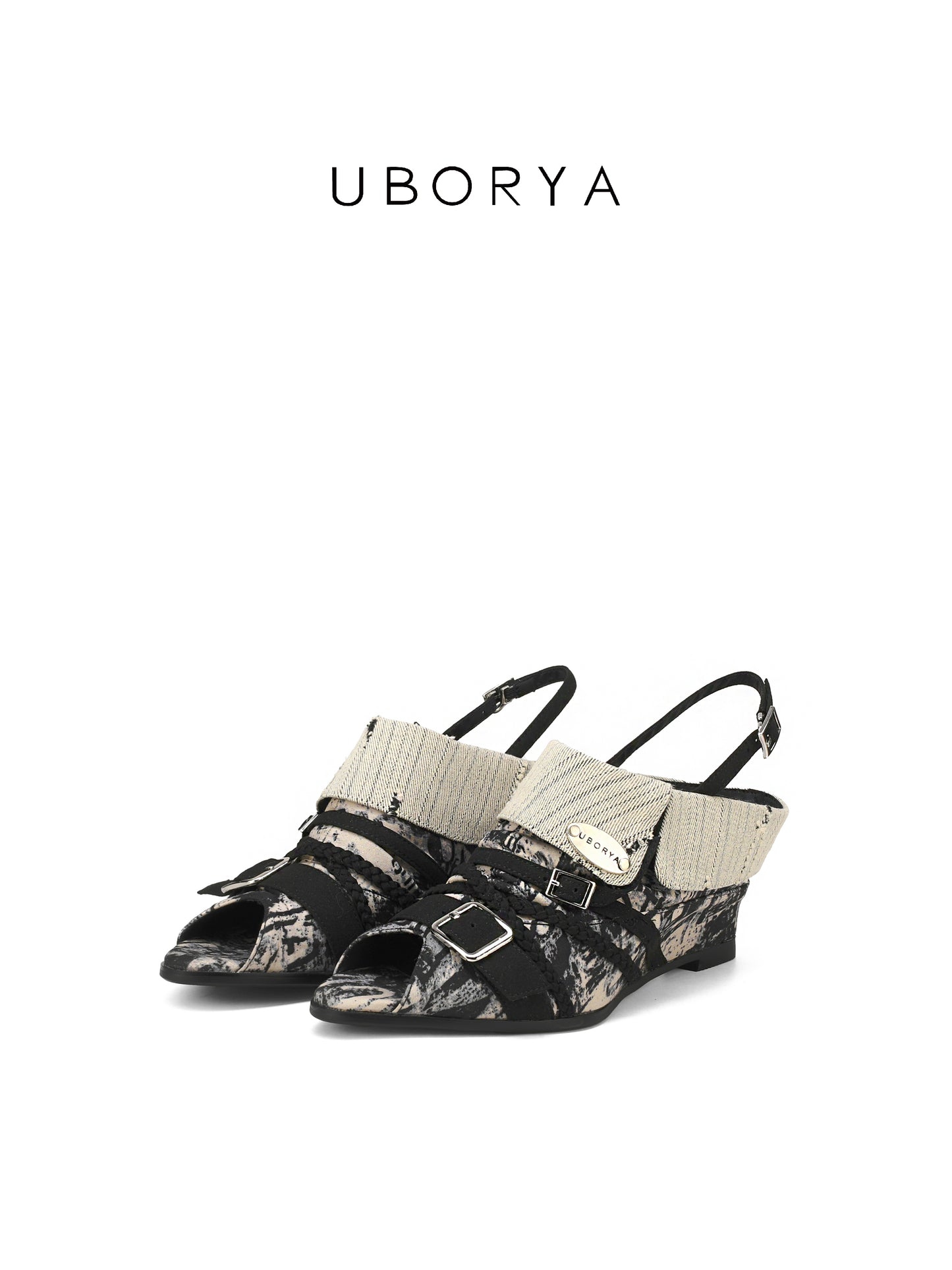UBORYA Abstract Print Slingback Peep-Toe Shoes with Braided Straps & Silver Buckles – Low Wedge Heel Pumps for Women | Avant-Garde Cuff Sandals | Artistic Utility Footwear