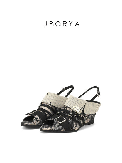UBORYA Abstract Print Slingback Peep-Toe Shoes with Braided Straps & Silver Buckles – Low Wedge Heel Pumps for Women | Avant-Garde Cuff Sandals | Artistic Utility Footwear