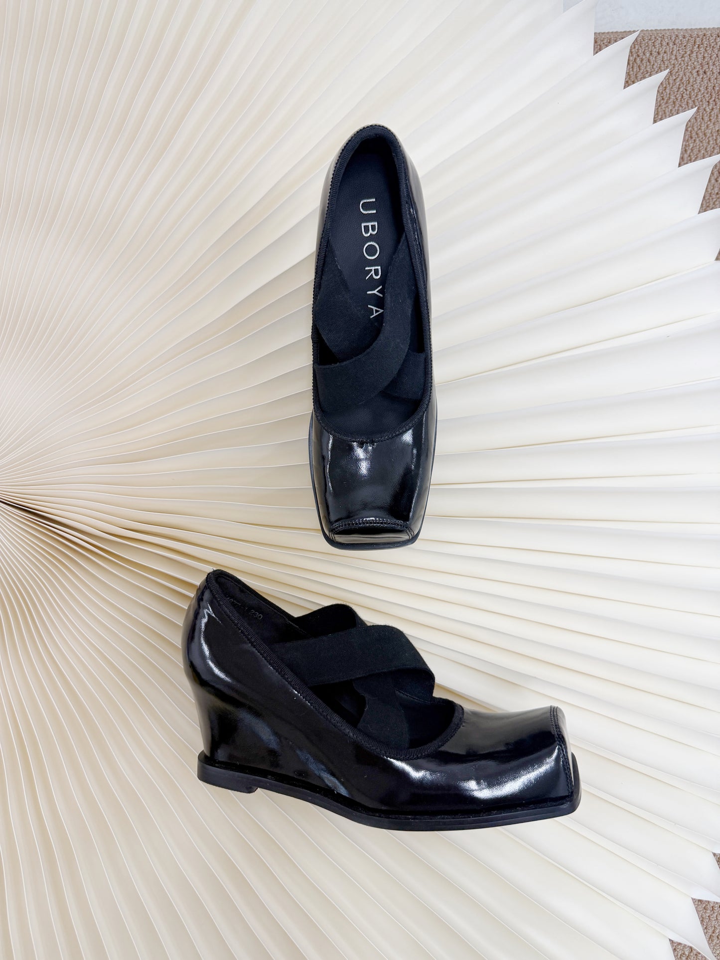UBORYA Black Patent Square-Toe Wedge Pumps with Elastic Crisscross Straps – Architectural Heels for Women | Minimalist Avant-Garde Footwear | Sleek Power Wedges