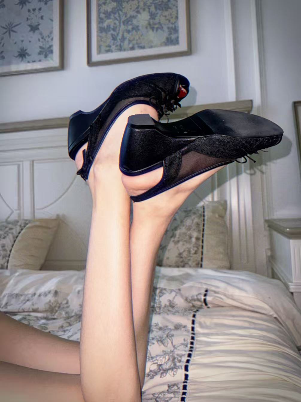 UBORYA Black Lace Slingback Peep-Toe Shoes with Bow Details – Low Wedge Heel Pumps for Women | Gothic Coquette Heels | Elegant Mesh Open-Toe Sandals