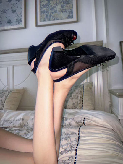 UBORYA Black Lace Slingback Peep-Toe Shoes with Bow Details – Low Wedge Heel Pumps for Women | Gothic Coquette Heels | Elegant Mesh Open-Toe Sandals