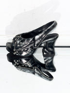 UBORYA Distressed Black Platform Slingback Heels with Star Studs