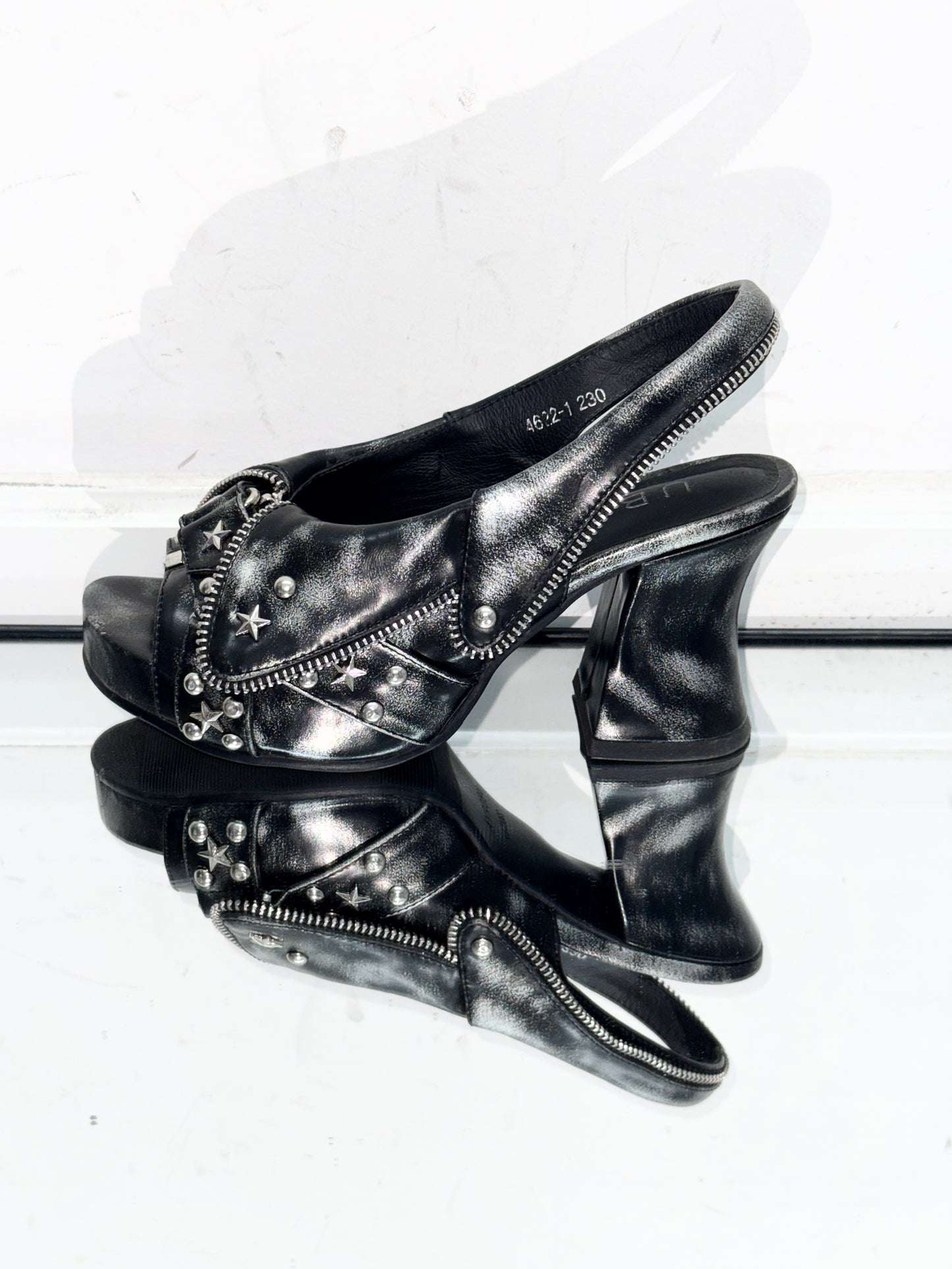 UBORYA Distressed Black Platform Slingback Heels - Peep Toe Star Stud Zipper Detail Sculptural Heel Sandals
