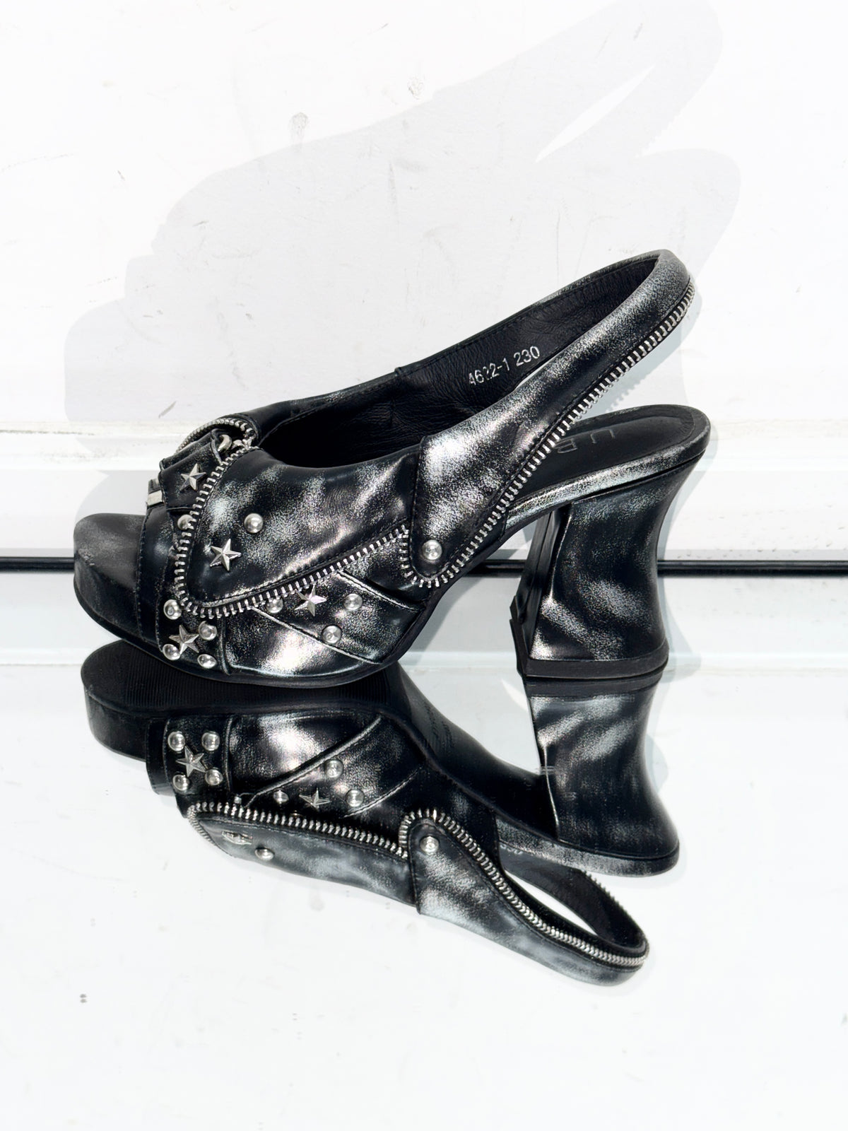 UBORYA Distressed Black Platform Slingback Heels with Star Studs