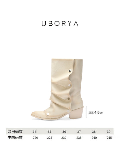 UBORYA Off-White Sculptural Slouchy Boots for Women | 6cm Block Heel Ankle Boots with Metal Eyelets | Soft Faux Leather | Chic Western Modern Style