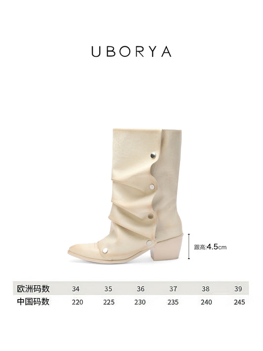 UBORYA Off-White Sculptural Slouchy Boots for Women | 6cm Block Heel Ankle Boots with Metal Eyelets | Soft Faux Leather | Chic Western Modern Style