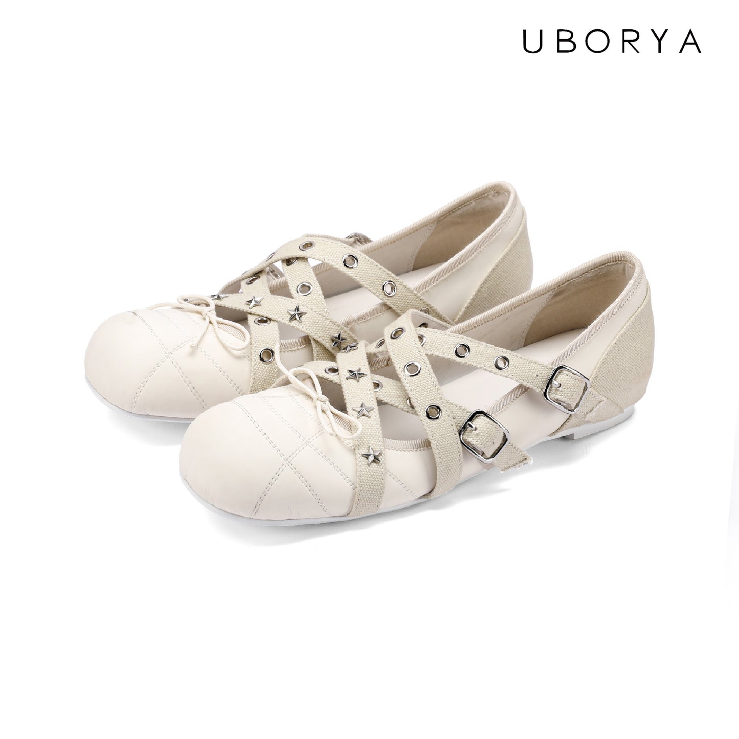 UBORYA Off-White Crisscross Strap Ballet Flats - Star Stud Eyelet Detail Round Toe Flat Shoes