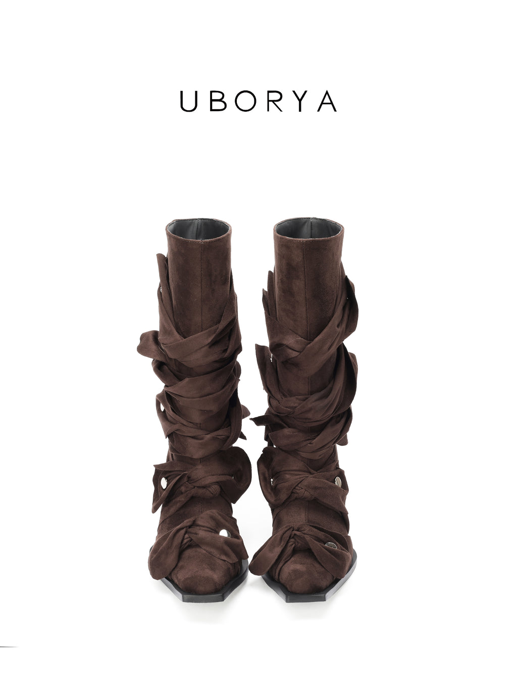 UBORYA Brown Suede Ruched Mid Calf Boots 7cm Block Heel Knot Detail