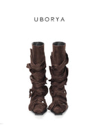 UBORYA Brown Suede Ruched Mid Calf Boots 7cm Block Heel Knot Detail
