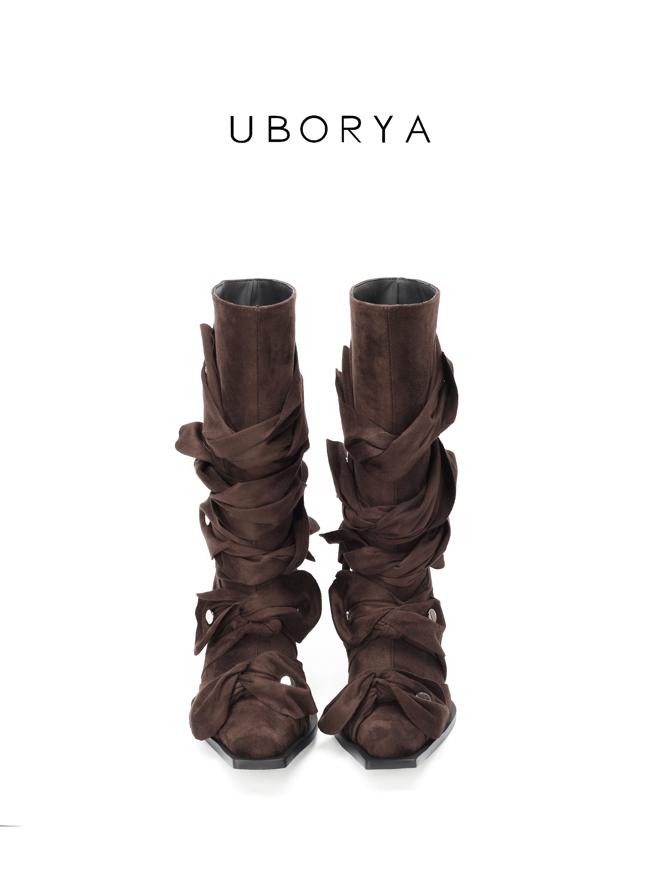 UBORYA Brown Suede Ruched Mid Calf Boots 7cm Block Heel Knot Detail