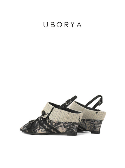 UBORYA Abstract Print Slingback Peep-Toe Shoes with Braided Straps & Silver Buckles – Low Wedge Heel Pumps for Women | Avant-Garde Cuff Sandals | Artistic Utility Footwear