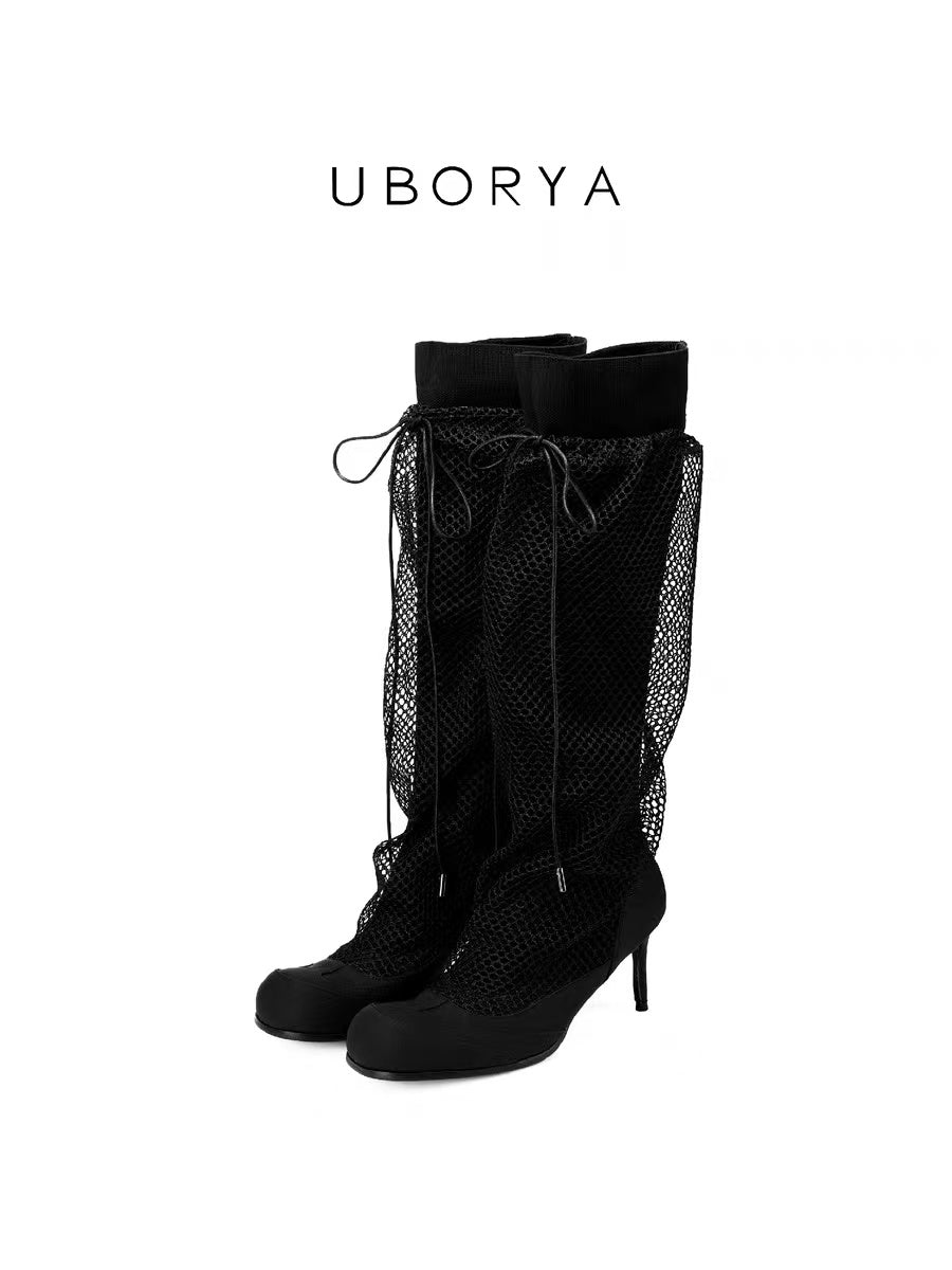 UBORYA Black Fishnet Gothic Punk Peep Toe Ankle Boots 7cm Stiletto